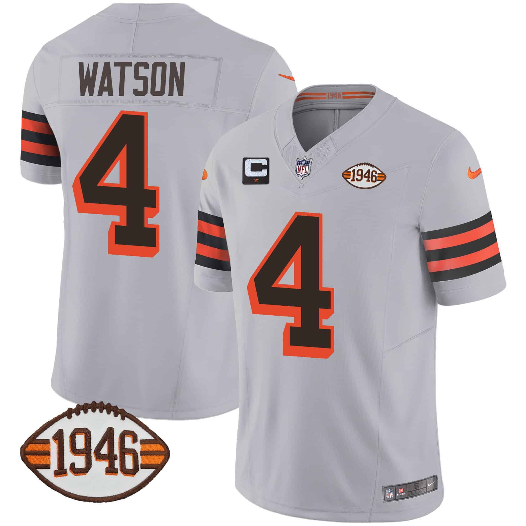 Men Cleveland Browns 4 Watson Grey 1946 75th Anniversary Patch 2024 Nike NFL Jersey
